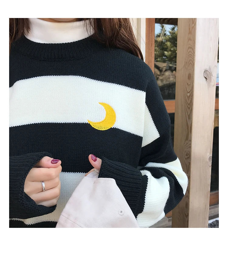 Women's Sweaters Kawaii Ulzzang College Candy Color Stripes Moon Sets Embroidery Sweater Female Harajuku Clothing For Women