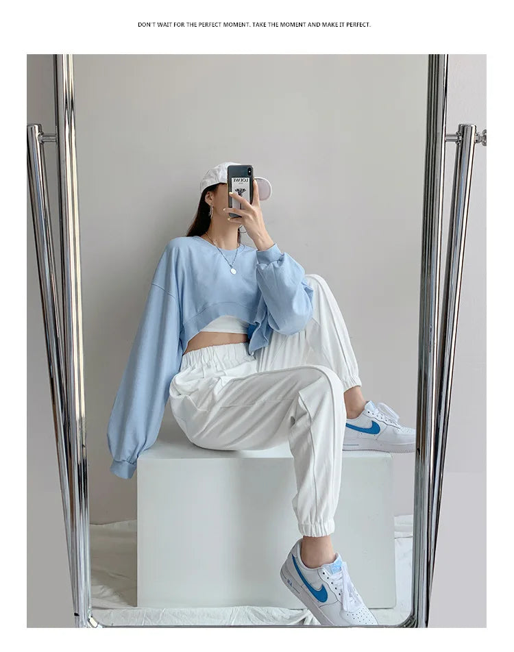 Women Short Sweatshirts Autumn Ladies Korean O-Neck Long Sleeve Solid Color Bare Navel Cropped Loose Pullover Top