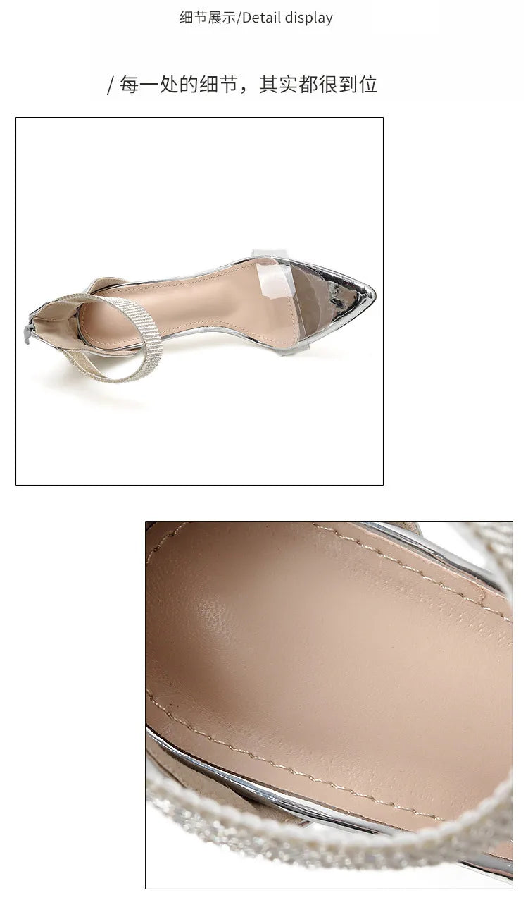 Summer New Crystal Ankle Strap Sandals Women Sexy Open Toe PVC Zipper Thin High Heels Sandals Female Wedding Shoes 2020