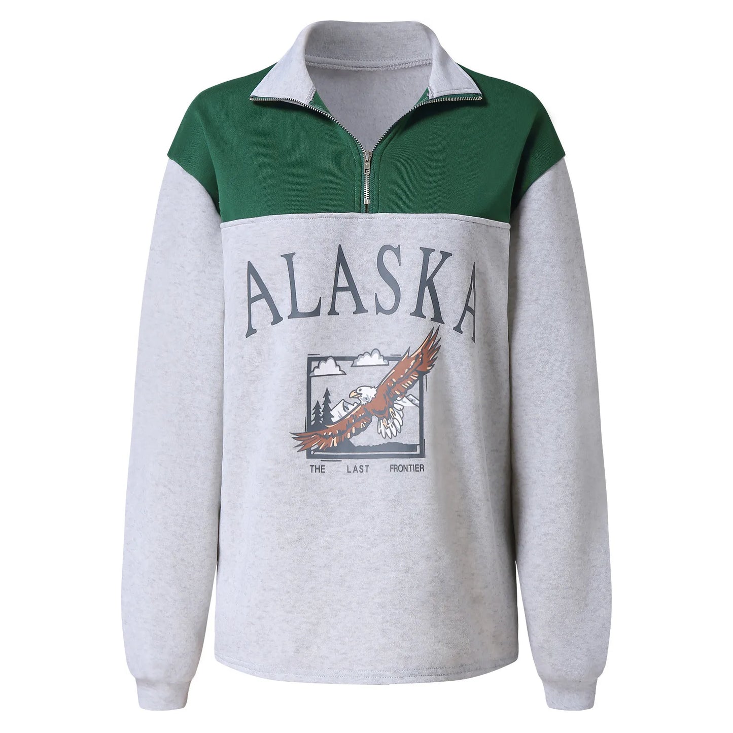 Vintage Fashion Women Stand Collar Zipper Alaska Letter Printing Long Sleeve Sweatshirt Woman Casual Loose Hoodies Women 2021