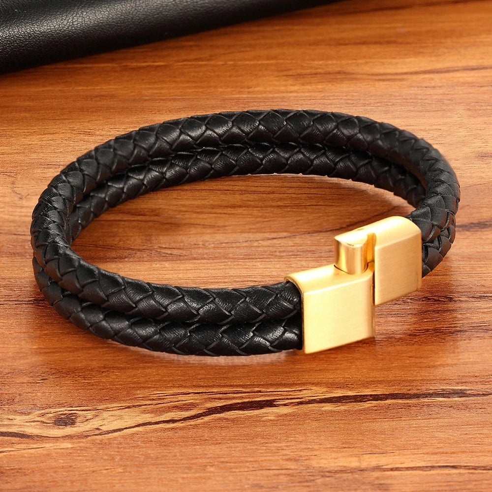 XQNI 11.11 Double Leather Combination Men's Stainless Steel Bracelet Three Color Button Selection Fashion Gift For Men Jewelry