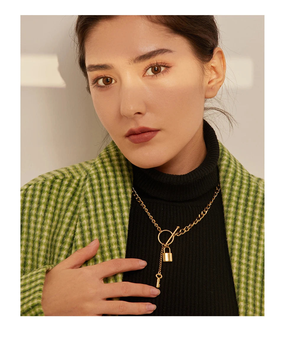 Yhpup New 316L Stainless Steel Jewelry Punk Metal Lock Pendant Necklace Minimalist 18 K Plated Chain подвеска Necklace Gala