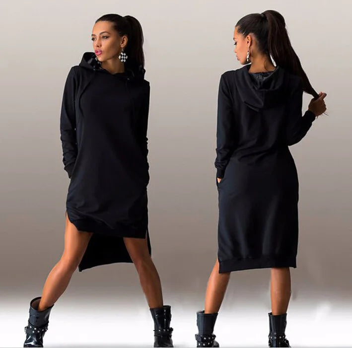 Women spring autumn dress Fashion Irregular Hooded Long Sleeve drawstring Dresses vestidos women's clothing JQMYqz005