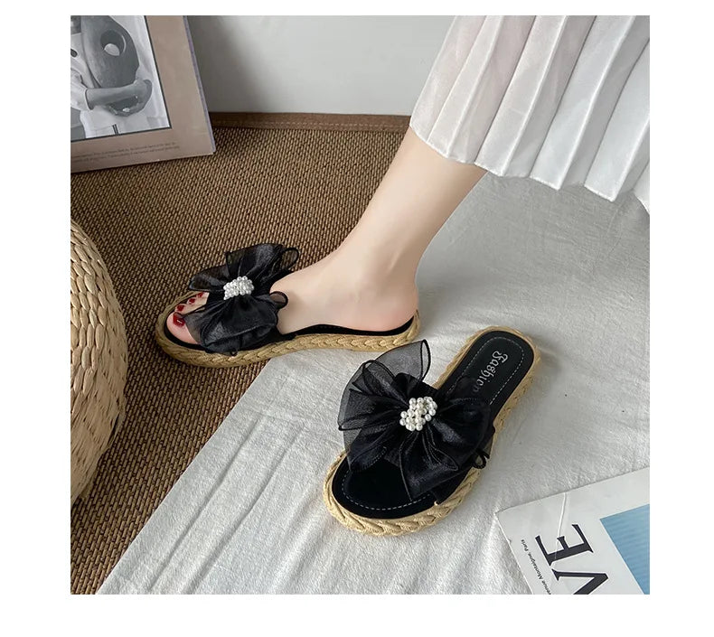 Women Summer Slippers Online Celebrity Slippers Ins New Joker Korean Fairy Wind Mesh Bow Word Drag Breathable Wear-resistant