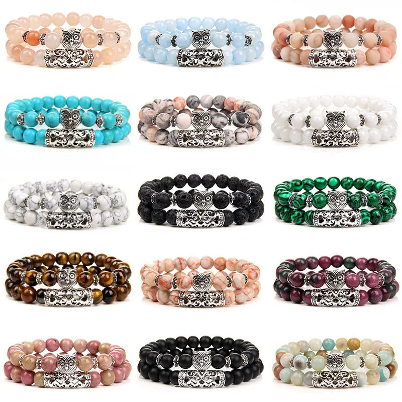 2Pcs/set Classic Owl Charm Bracelet Natural Stone Tiger Eye Lava Aquamarine Pink Zebra Bracelets Set For Women Men Yoga Jewelry