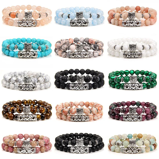 2Pcs/set Classic Owl Charm Bracelet Natural Stone Tiger Eye Lava Aquamarine Pink Zebra Bracelets Set For Women Men Yoga Jewelry
