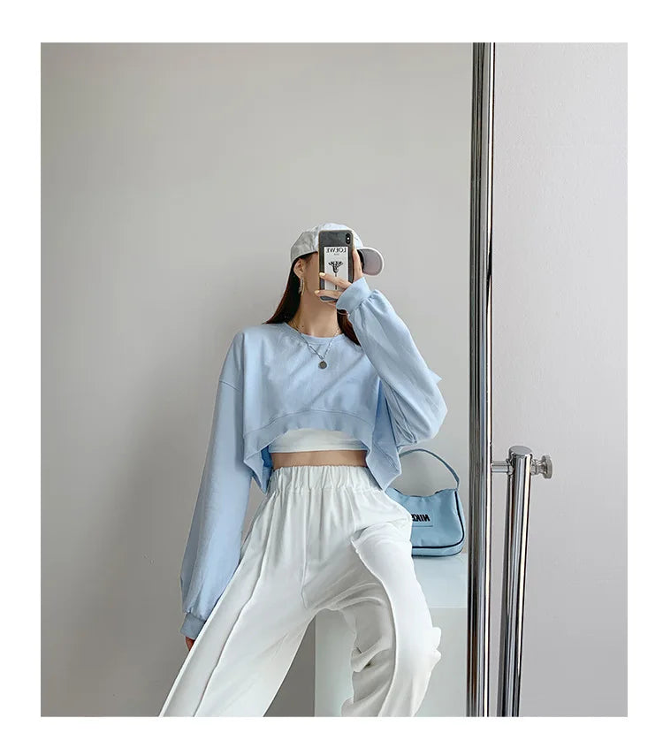 Women Short Sweatshirts Autumn Ladies Korean O-Neck Long Sleeve Solid Color Bare Navel Cropped Loose Pullover Top