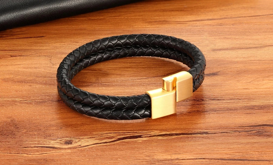 XQNI 11.11 Double Leather Combination Men's Stainless Steel Bracelet Three Color Button Selection Fashion Gift For Men Jewelry