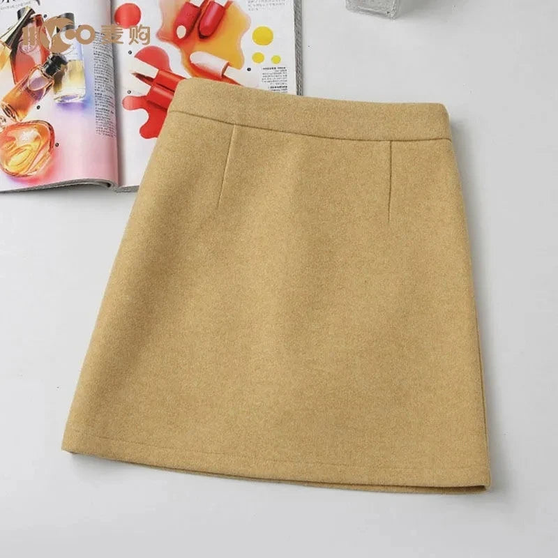 Woolen Skirt Women Winter Autumn Mini Skirts A Line Wrap Hip Korean Fashion A Line Harajuku Faldas Black Skirt