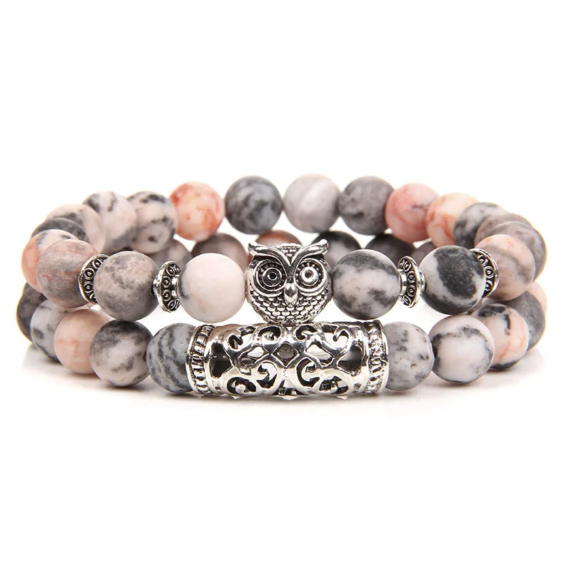 2Pcs/set Classic Owl Charm Bracelet Natural Stone Tiger Eye Lava Aquamarine Pink Zebra Bracelets Set For Women Men Yoga Jewelry