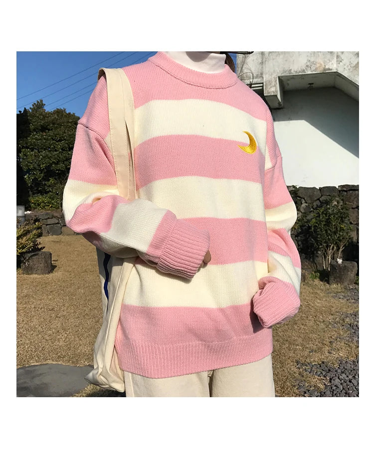 Women's Sweaters Kawaii Ulzzang College Candy Color Stripes Moon Sets Embroidery Sweater Female Harajuku Clothing For Women