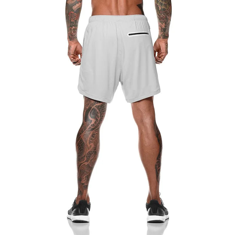 2024 European Men's Sports Summer New Double Layer Mobile Phone Pants Gym Exercise Jogging Training Shorts