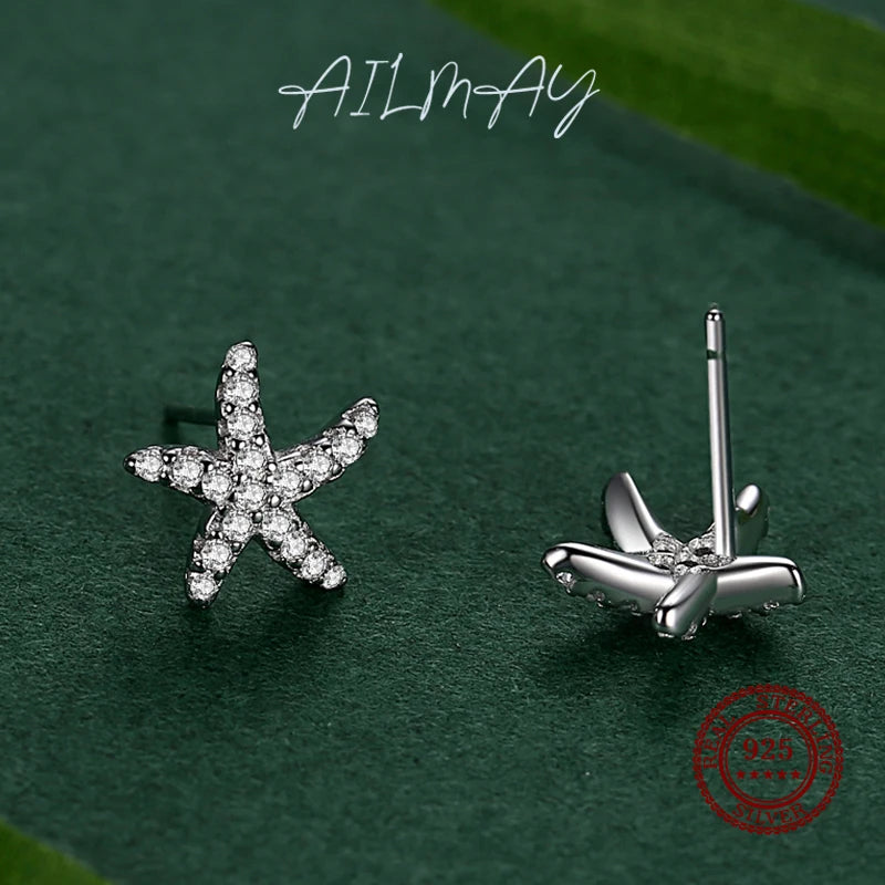 Ailmay Wedding Engagement Real 925 Sterling Silver Starfish Shape Shiny Zircon Stud Earring Star For Women Fine Shape Jewelry