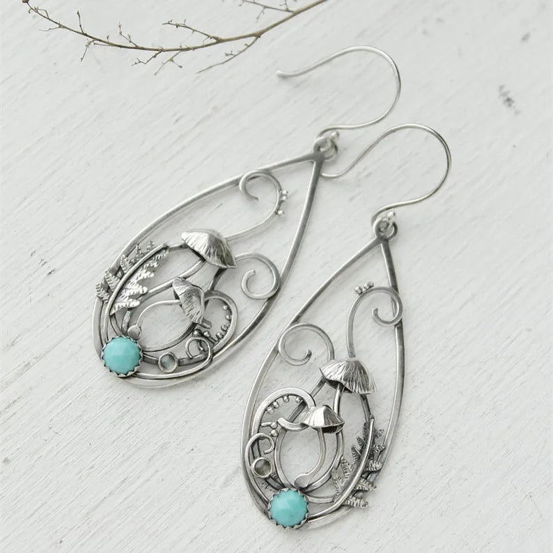Woodland Earrings Witch Mushroom Elven Forest Leaf Earrings Nature Botanical Jewelry Silver Wire Wrapped