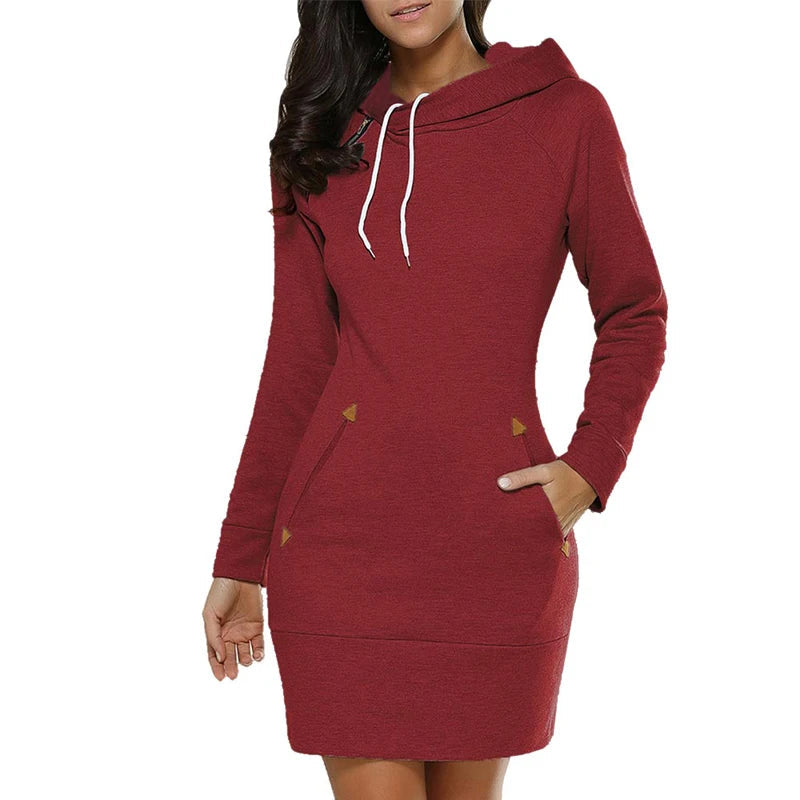 Women‘s Knee-Length Pockets Dress Hooded Warm Sweat Shirt Long Sleeve Side Zip Neckline Simple Casual Sports Skirt Viralgem Store