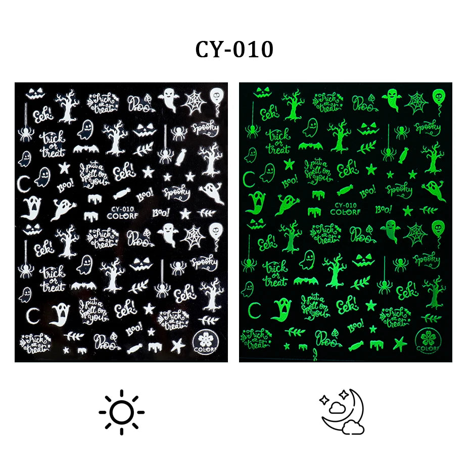 1pcs 3D Luminous Nail Stickers Flame Butterfly Star Moon Glitter Design Glow in The Dark Slider Manicure Decorations JICY028-036