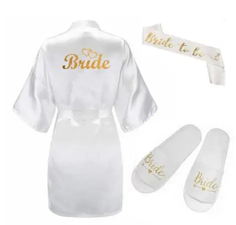 3pc set of glitter gold bride satin short bride robe slippers bridal sash peignoir women Bridal Party 2019 kimono robe