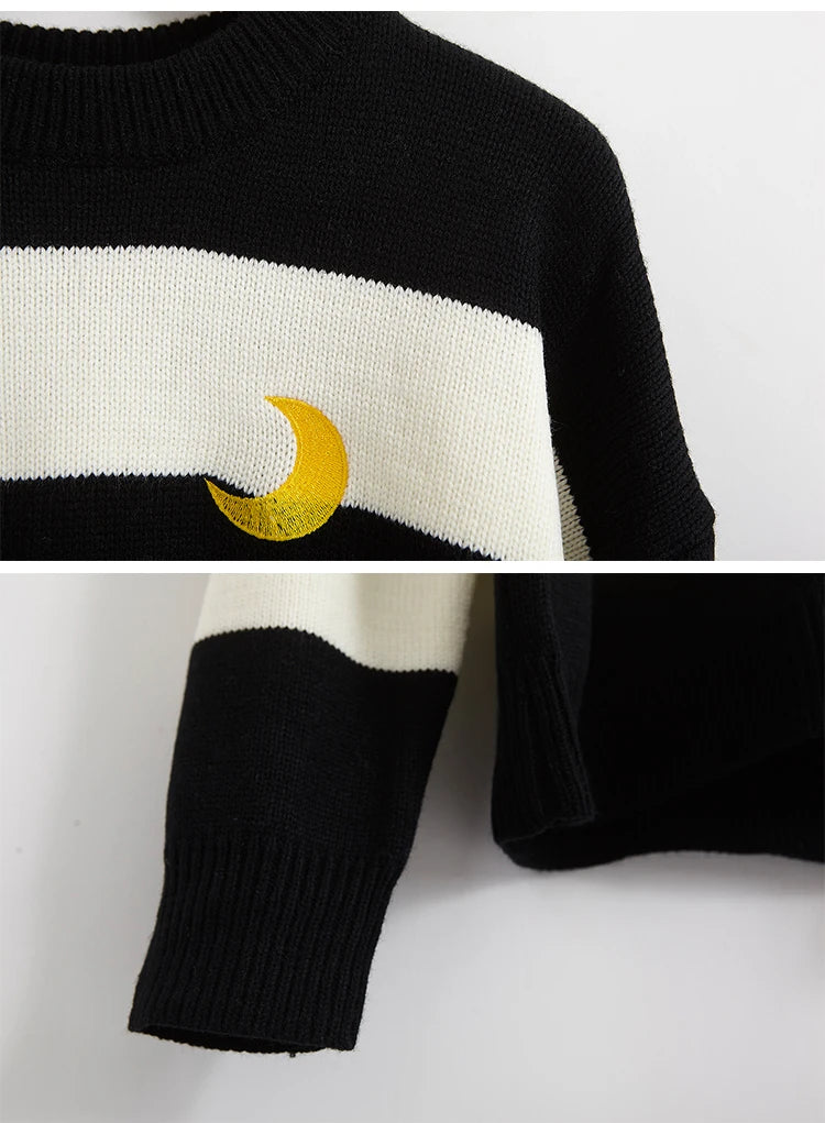 Women's Sweaters Kawaii Ulzzang College Candy Color Stripes Moon Sets Embroidery Sweater Female Harajuku Clothing For Women