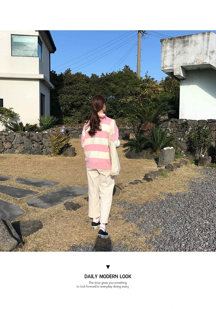 Women's Sweaters Kawaii Ulzzang College Candy Color Stripes Moon Sets Embroidery Sweater Female Harajuku Clothing For Women