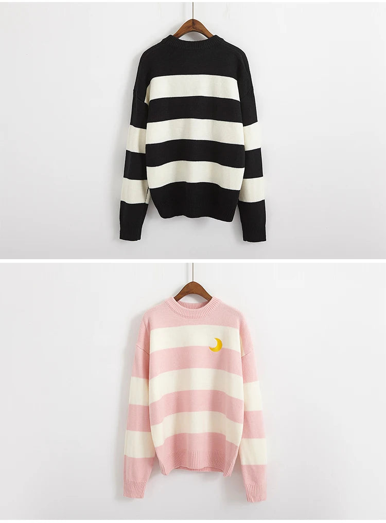 Women's Sweaters Kawaii Ulzzang College Candy Color Stripes Moon Sets Embroidery Sweater Female Harajuku Clothing For Women