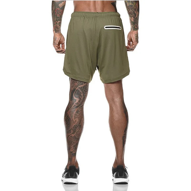 2024 European Men's Sports Summer New Double Layer Mobile Phone Pants Gym Exercise Jogging Training Shorts