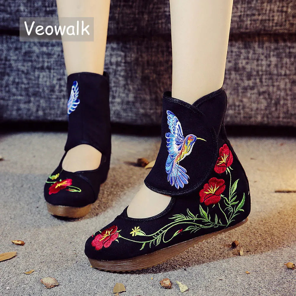 Veowalk Ankle Wrap Women Casual Boots Hummingbird Chinese Noble Mary Janes Inside Increased Embroidery Pumps Cloth Shoes Viralgem Store