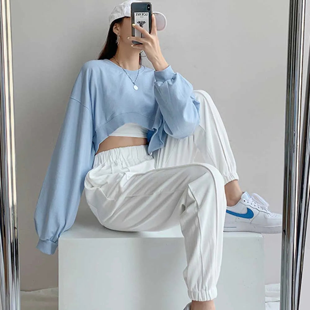 Women Short Sweatshirts Autumn Ladies Korean O-Neck Long Sleeve Solid Color Bare Navel Cropped Loose Pullover Top