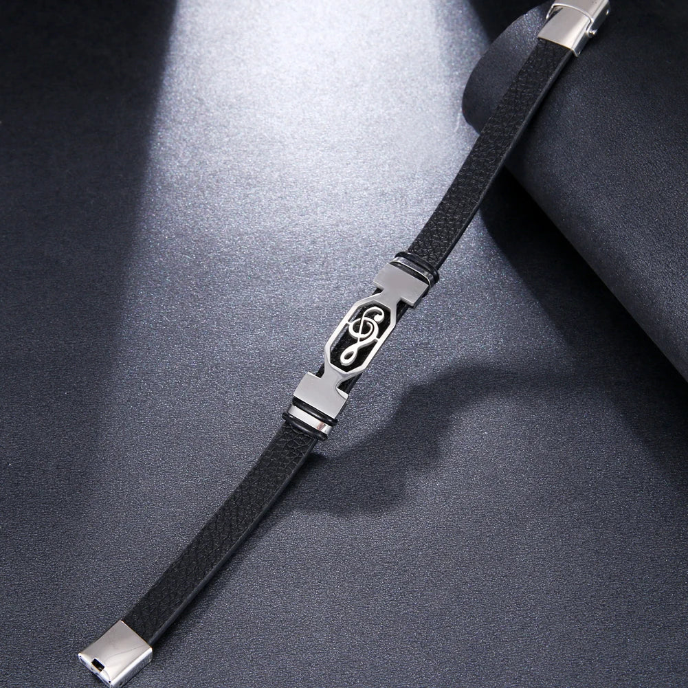 2024 Trend Personalized Jewelry Titanium Steel Leather Bracelet Men Vintage Stainless Steel Music Symbol Cuff Bracelet Pulsera H Viralgem Store