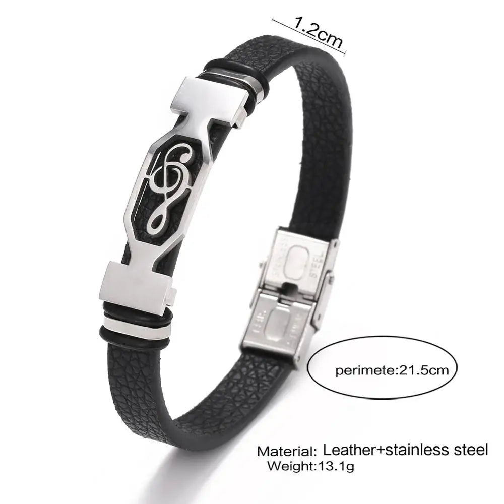 2024 Trend Personalized Jewelry Titanium Steel Leather Bracelet Men Vintage Stainless Steel Music Symbol Cuff Bracelet Pulsera H Viralgem Store