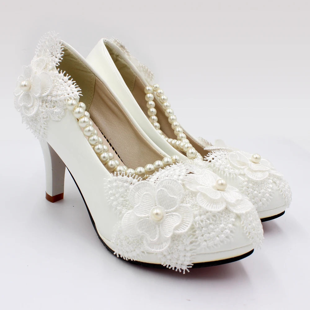 Spring and summer new high-heeled women's shoes white bridal shoes elastic beads flowers handmade wedding shoes made in China Viralgem Store