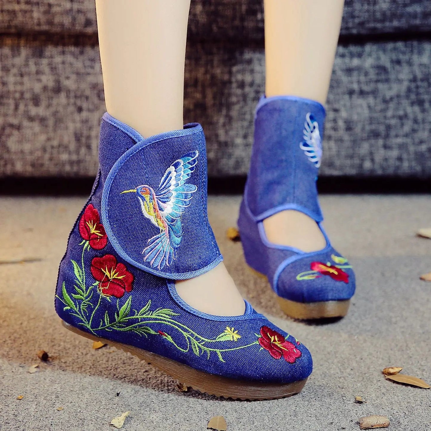 Veowalk Ankle Wrap Women Casual Boots Hummingbird Chinese Noble Mary Janes Inside Increased Embroidery Pumps Cloth Shoes Viralgem Store