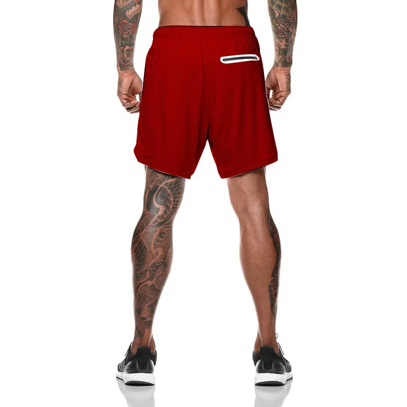 2024 European Men's Sports Summer New Double Layer Mobile Phone Pants Gym Exercise Jogging Training Shorts