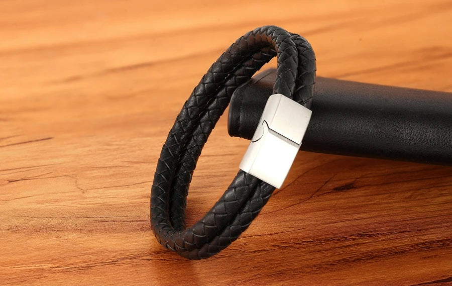 XQNI 11.11 Double Leather Combination Men's Stainless Steel Bracelet Three Color Button Selection Fashion Gift For Men Jewelry