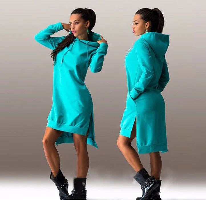 Women spring autumn dress Fashion Irregular Hooded Long Sleeve drawstring Dresses vestidos women's clothing JQMYqz005