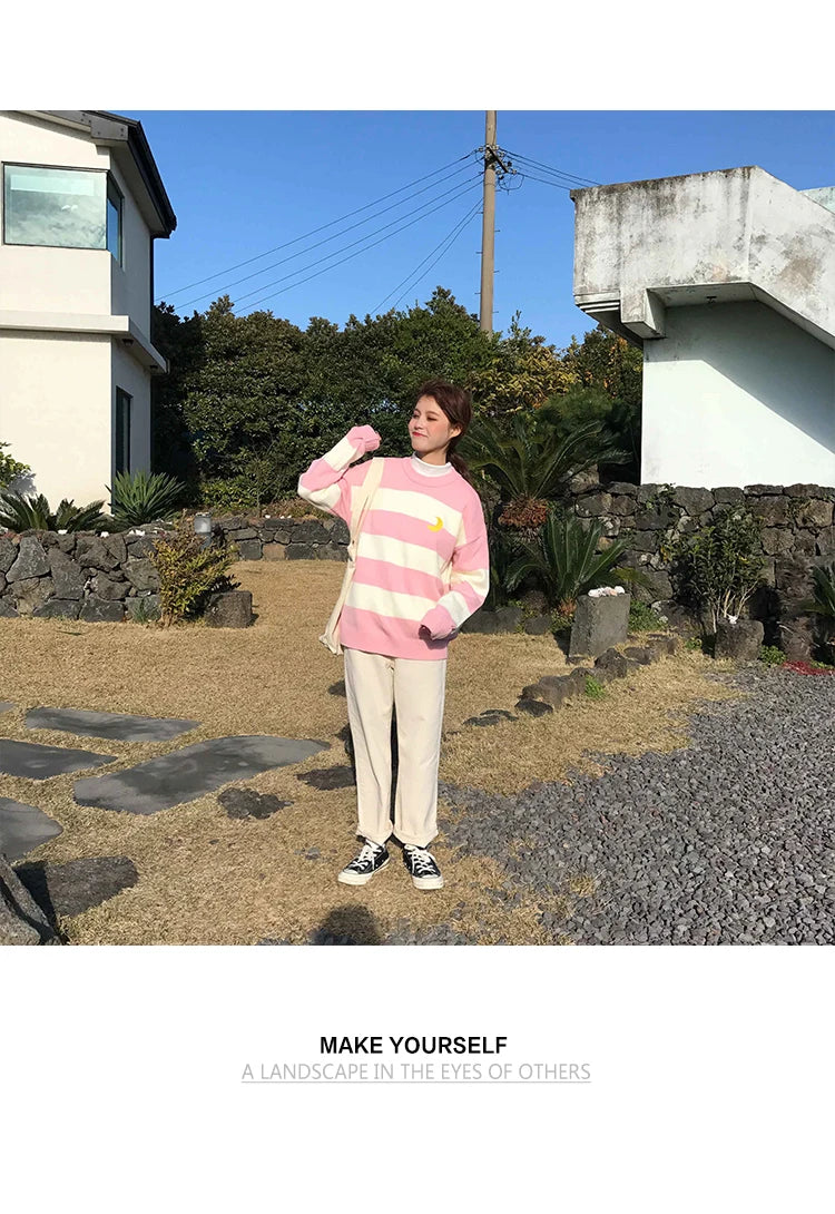 Women's Sweaters Kawaii Ulzzang College Candy Color Stripes Moon Sets Embroidery Sweater Female Harajuku Clothing For Women