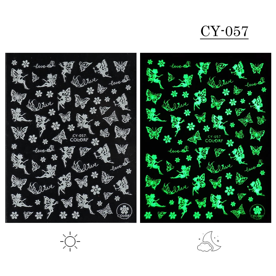 1pcs 3D Luminous Nail Stickers Flame Butterfly Star Moon Glitter Design Glow in The Dark Slider Manicure Decorations JICY028-036
