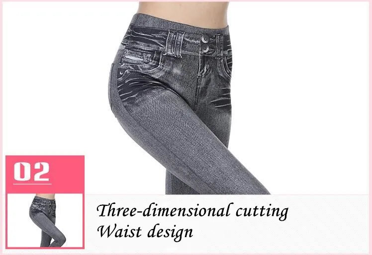 2023 Women's Spring and Summer Tight Imitation Jeans, Smart Slim Fashion, Large Tight Pants, False Pocket Women's Fitness Pants