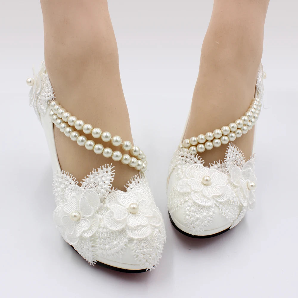 Spring and summer new high-heeled women's shoes white bridal shoes elastic beads flowers handmade wedding shoes made in China Viralgem Store