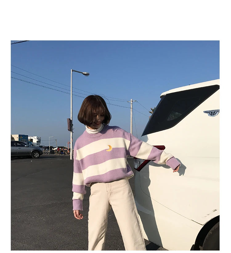 Women's Sweaters Kawaii Ulzzang College Candy Color Stripes Moon Sets Embroidery Sweater Female Harajuku Clothing For Women