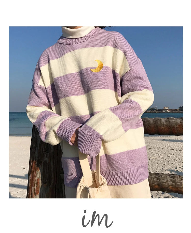 Women's Sweaters Kawaii Ulzzang College Candy Color Stripes Moon Sets Embroidery Sweater Female Harajuku Clothing For Women