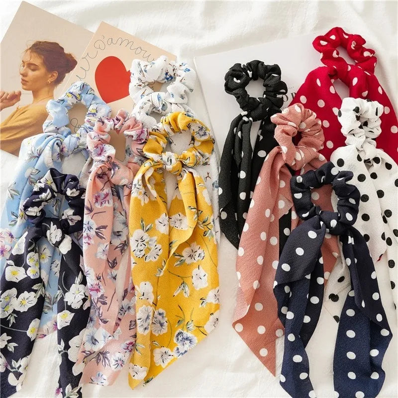 2020 Women Streamers Scrunchies Polka Dot Print Elastic Bow Hair Rope Girl Hair Ties Korean Sweet Hair Accessories Headwear Viralgem Store
