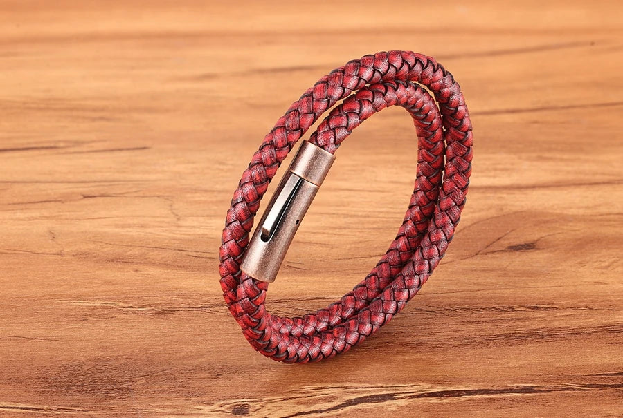 XQNI Perfect Design Double Layer Vintage Steel Buckle Geometric Braid 6mm Leather Bracelet Men Women Fashion Birthday Gift