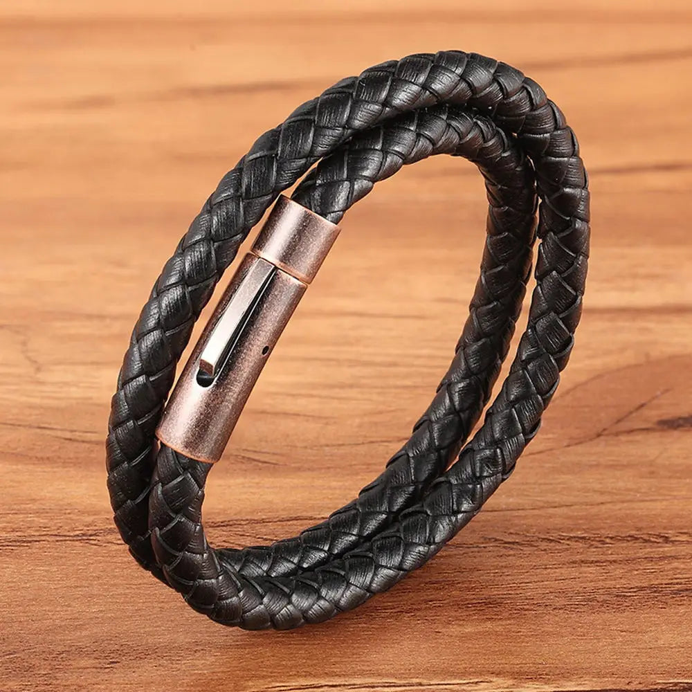 XQNI Perfect Design Double Layer Vintage Steel Buckle Geometric Braid 6mm Leather Bracelet Men Women Fashion Birthday Gift