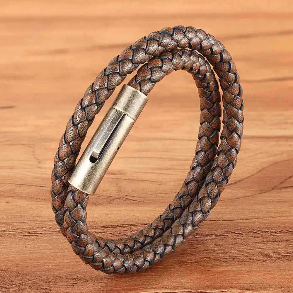 XQNI Perfect Design Double Layer Vintage Steel Buckle Geometric Braid 6mm Leather Bracelet Men Women Fashion Birthday Gift