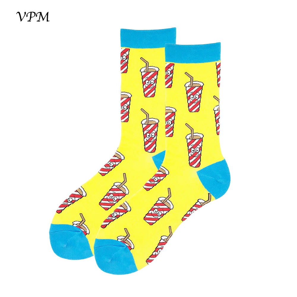 VPM Two Big Size Women&Men's Socks 85% Cotton Colorful Funny Harajuku Egg Flamingos Alien Sushi Tooth Poo Hamburger Sock Viralgem Store