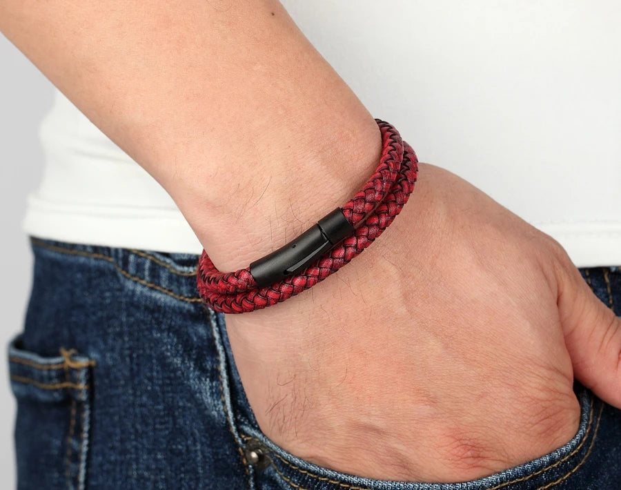 XQNI Perfect Design Double Layer Vintage Steel Buckle Geometric Braid 6mm Leather Bracelet Men Women Fashion Birthday Gift