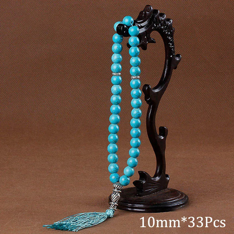 10mm Natural Round Beads Turquoises Tassel Pendant Quartz Stone Bead 33 Prayer Beads Islamic Muslim Tasbih For Women Men Viralgem Store
