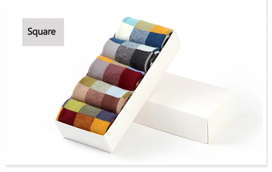 5 Pairs/Lot Combed Cotton Men's Socks Compression Socks Fashion Colorful Square Happy Dress Socks Men Size 39-45 Viralgem Store