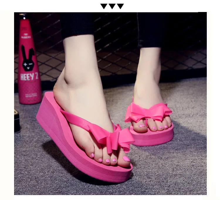 XEK New Fashion Summer Women Platform High Heel Flip Flops Beach Sandals Bowknot Slippers Women Shoes Size36-40 For Choice WFQ61