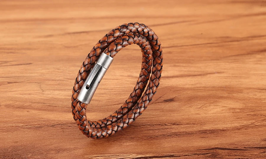XQNI Perfect Design Double Layer Vintage Steel Buckle Geometric Braid 6mm Leather Bracelet Men Women Fashion Birthday Gift